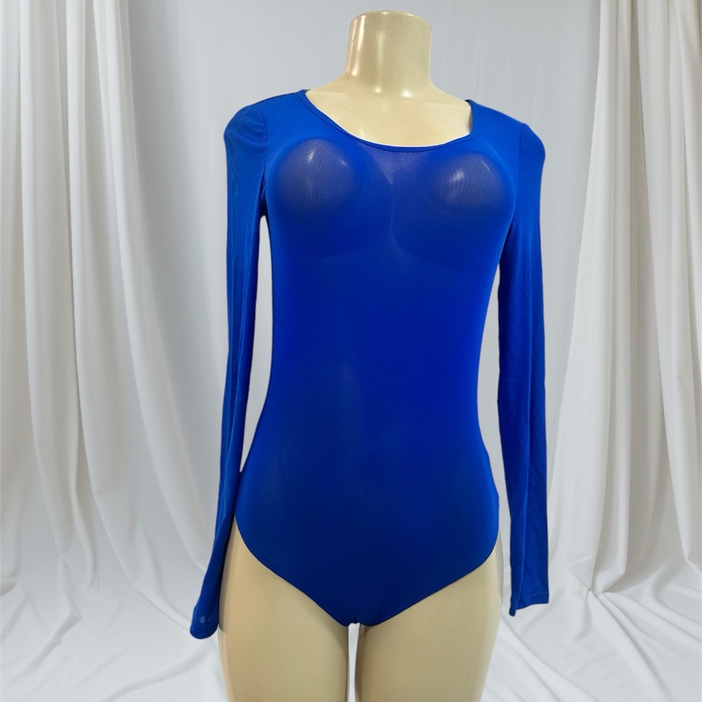 Fitted Blue Long Sleeve Bodysuit with Round Neckline